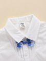 SHEIN Baby Boy'S Gentleman Suit White Short Sleeve Shirt + Bowtie Grid Suspenders Shorts Set