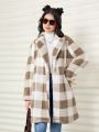 SHEIN Teen Girl Buffalo Plaid Print Lapel Neck Fuzzy Coat