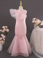 Tween Girls' Romantic & Elegant Pink Mesh Splice Dress With Ruffle Details, Round Neckline And Mermaid Hemline, Suitable For Party, Banquet, Birthday Party And Other Occasions