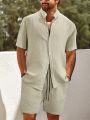 Manfinity Men's Solid Color Stand Collar Short Sleeve Shirt And Drawstring Design Shorts Set