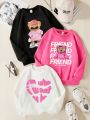 Little Girls' Bear & Letter Print Round Neck Fleece Sweatshirt