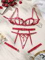 SHEIN 3pcs/set Heart Embroidery Hollow Out Bra, Thong, And Garter Set