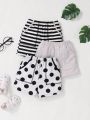 SHEIN Unisex Baby Casual Striped Polka Dot Elastic Waist Shorts 3pcs Outfit Set