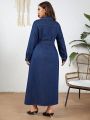 Plus Size Women'S Shirt Collar Denim Dress With Waist Belt
