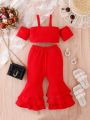 Baby Girl Solid Color Off Shoulder Short Sleeve Top And Flared Pants Set