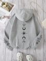 Women's Eye And Moon Printed Hooded Fleece Sweatshirt With Drawstring