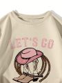Cowboy Boots & Letter Graphic Thermal Lined Sweatshirt