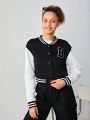Teen Girl Letter Patched Striped Trim Drop Shoulder Crop Varsity Jacket
