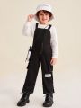 SHEIN Kids EVRYDAY Young Boy Letter Patched Flap Pocket Overalls Without Hoodie