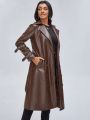 CHEYENNE SAHARA Double Breasted Belted PU Leather Trench Coat