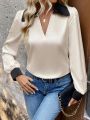 Women'S Contrast Color Lapel Collar Long Sleeve Shirt