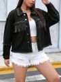 SHEIN ICON Plus Size Women's Denim Jacket With Fringe Hem