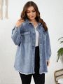 Plus Size Women'S Light Blue Water Wash Raw Edge Denim Jacket