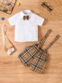 Baby Boy's Plaid Bowtie Short Sleeve Suspender Pants Gentleman Outfit