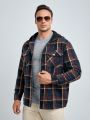 SHEIN Extended Sizes Men Plus Plaid Print Flap Pocket Hooded Overcoat