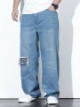 Extended Sizes Men's Plus Size Straight Leg Jeans With Geometric Patchwork Design