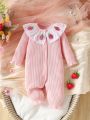 Cute Baby Girl Striped Romper With Drawstring Waist, Strawberry Embroidery And Patch Decoration