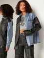 LARAMEE Mixed Media PU Leather Denim Jacket