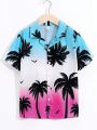 SHEIN Boys' Vacation Coconut Tree Printed Collared Loose Woven Shirt