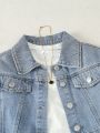 Girls' Softened Water Washed Simple Denim Skirt Suit With Workwear Style