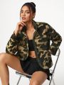 GOLDENLINE Camo Pattern Stand Collar Teddy Fleece Loose Fit Jacket