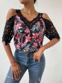 SHEIN VCAY Tropical Print Guipure Lace Panel Cold Shoulder Blouse