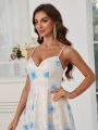 SHEIN Belle 3d Flower Decor Mesh Overlay Spaghetti Strap Party Dress