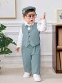 SHEIN Baby Boy Bow Front Shirt & Pants & Hat & Vest Blazer