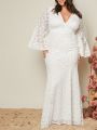 SHEIN Belle Plus Flounce Sleeve Mermaid Hem Lace Wedding Dress