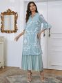 Floral Embroidery Split Tunic With Pleated Hem Dress