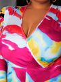 SHEIN Slayr Plus Size Women'S Full Print Jumpsuit With Leg Of Mutton Sleeves
