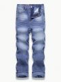 SHEIN Tween Boy's High-Waisted Casual Straight Leg Jeans With Stone Wash Effect