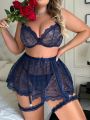 Plus Size Women'S Sexy Lace Lingerie Set Of 5 Pieces (With Underwire, Thong, Suspender Belt, 2 Garters)