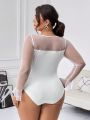 SHEIN Privé Plus Size Mesh Patchwork Ruffle Sleeve Bodysuit