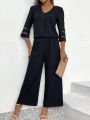 Mesh Panel V-Neck Blouse And Wide Leg Pants Set