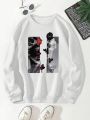 Men's Oversized Fleece Rose Printed Drop Shoulder Sweatshirt