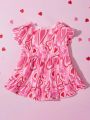 PETSIN 1pc Valentine's Day Pink Heart Printed Pet Dress With Puffy Sleeves, For Princess