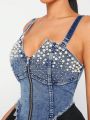 XAX Contrast Color Mesh Panel & Pearl Decorated Denim Cami Dress