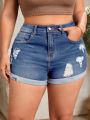 Plus Solid Ripped Roll Up Hem Denim Shorts