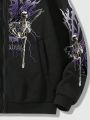 ROMWE Grunge Punk Men's Letter Skull Printed Zip Up Hoodie
