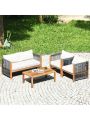 Gymax 4PCS Acacia Wood Outdoor Patio Furniture Conversation Set W/ White Cushions