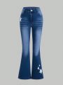 Teenage Girls' New Casual Fashion Star Print Flared Jeans With Washed Effect