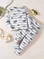 Baby Girl Striped & Dinosaur Skeleton Print PJ Set