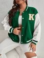 SHEIN Essnce Plus Size Color Block Baseball Jacket With Letter Patch