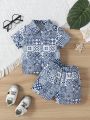 2023 New Collection Baby Boys' Casual Comfortable Lovely Fashionable Printed Short-Sleeved Shirt With Open Button Placket And Elastic Waist Shorts Two-Piece Set