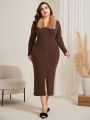 SHEIN Modely Plus Size Sweater Dress With Fur Collar And Button Placket