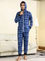 Men's Grid Pattern Zipper Hooded Jumpsuit For Home Wear