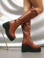 Western Cowgirl Knee High Platform Chunky Heel Riding Boots For Women