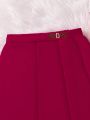 Teen Girls' Wine Red Pleated Skirt With Academia Style