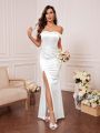 Off Shoulder Ruched Split Thigh Satin Wedding Dress